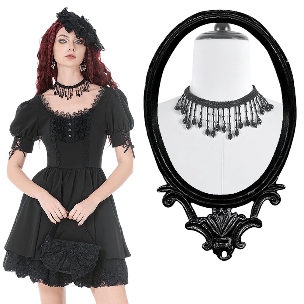 Black Beaded Fringe Choker Necklace Gothic Collar showcased on model and mannequin, perfect for dark romantic looks.