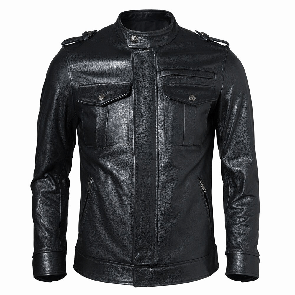 Black biker genuine leather jacket with pockets, stylish men's motorcycle clothing.