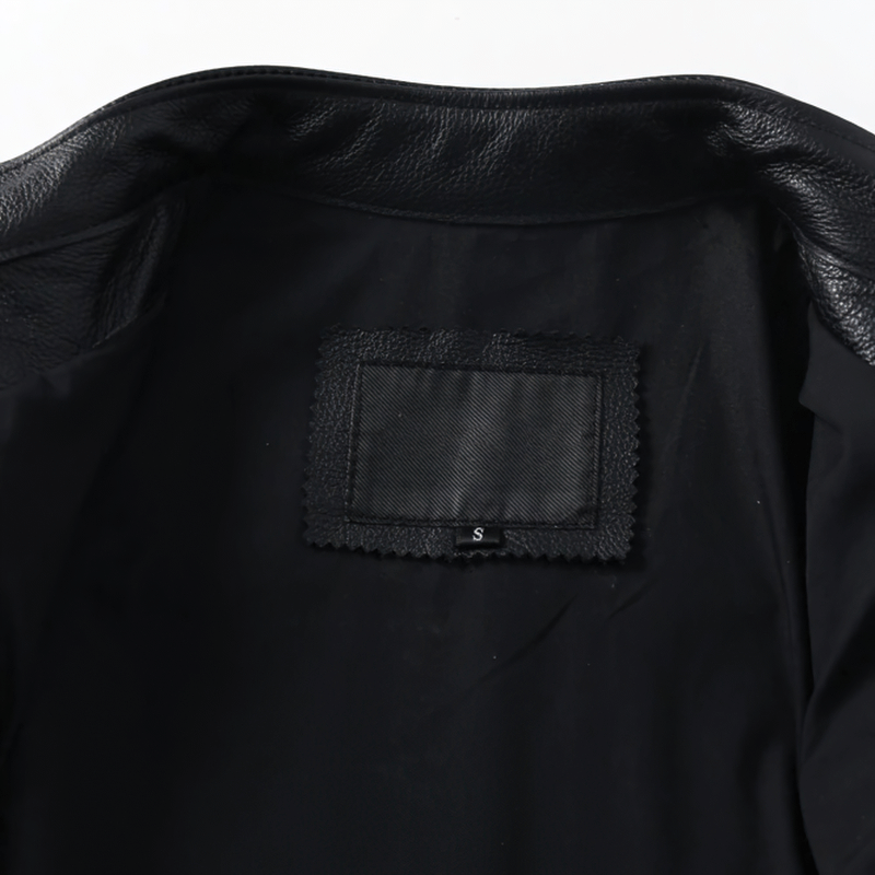 Interior view of black biker leather jacket showing size label S for optimal fit.