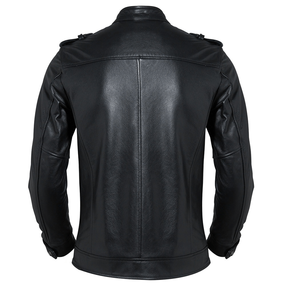 Rear view of a black biker genuine leather jacket, showcasing its classic cut and stylish design for men.