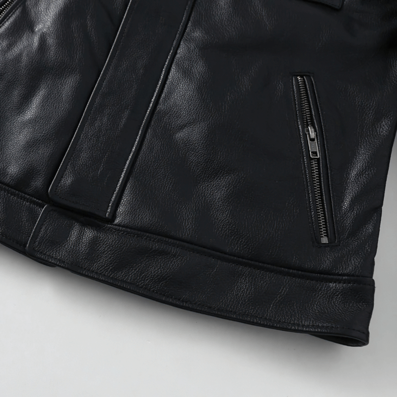 Close-up of a black genuine leather biker jacket showcasing smooth texture and stylish zippers, perfect for men's motorcycle clothing.