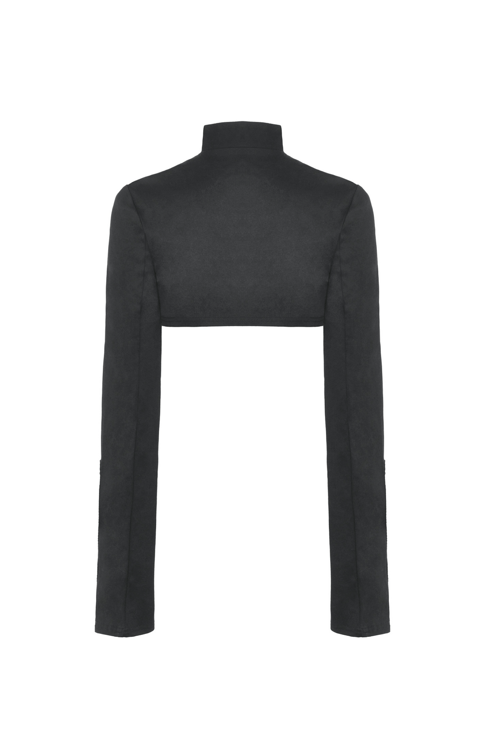Back view of a black bolero jacket with long sleeves, perfect for elegant evening wear.