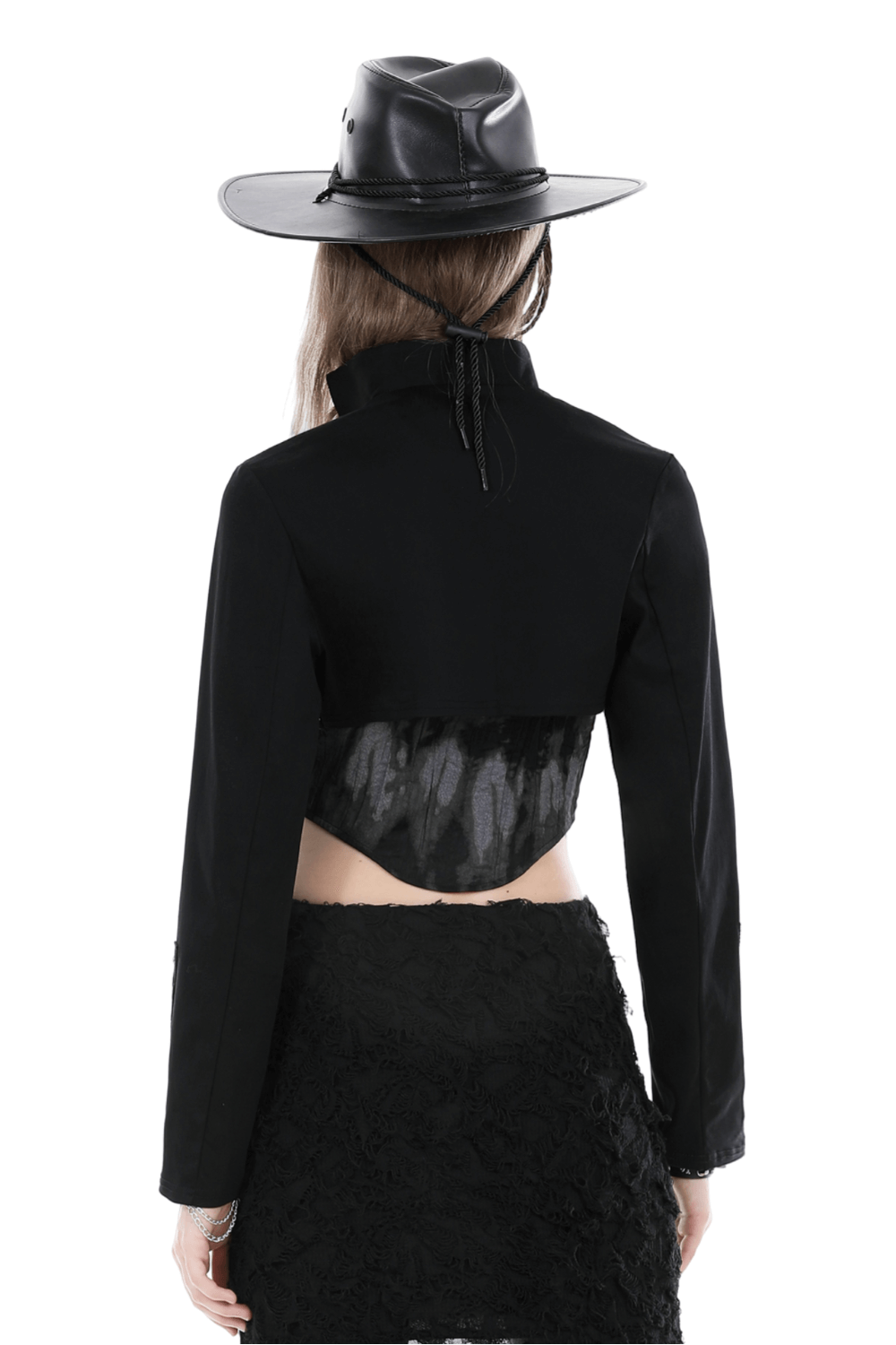 Back view of a stylish black bolero with long sleeves, paired with a sleek black hat, showcasing elegance and flair.