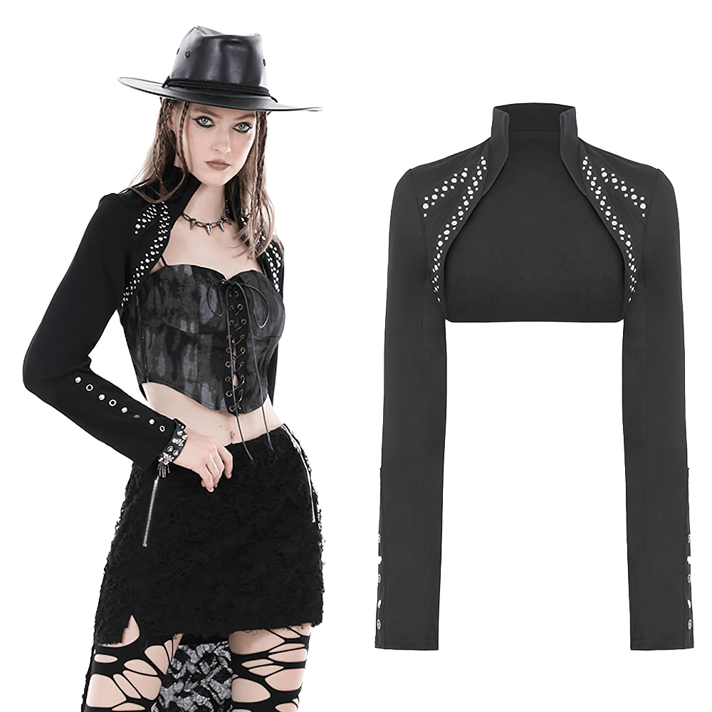 Stylish black bolero with bead embellishments, perfect for evening wear and adding glam to any outfit.