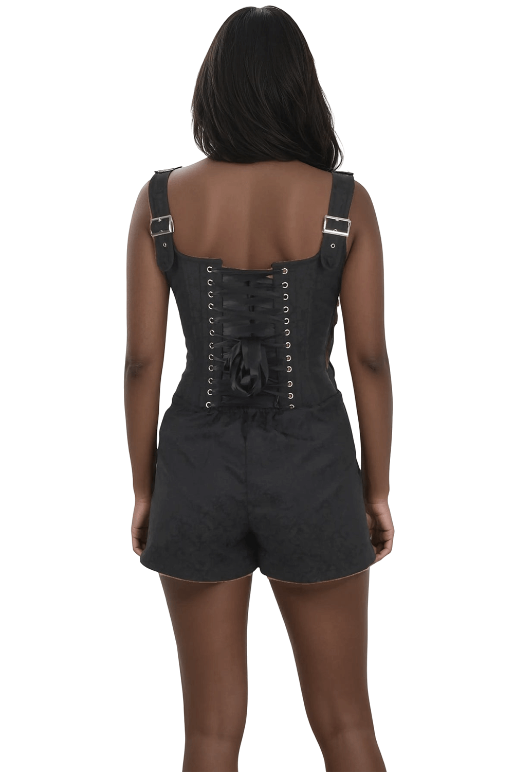 Back view of black brocade corset skort dress featuring adjustable lacing and wide straps for a chic, structured look.