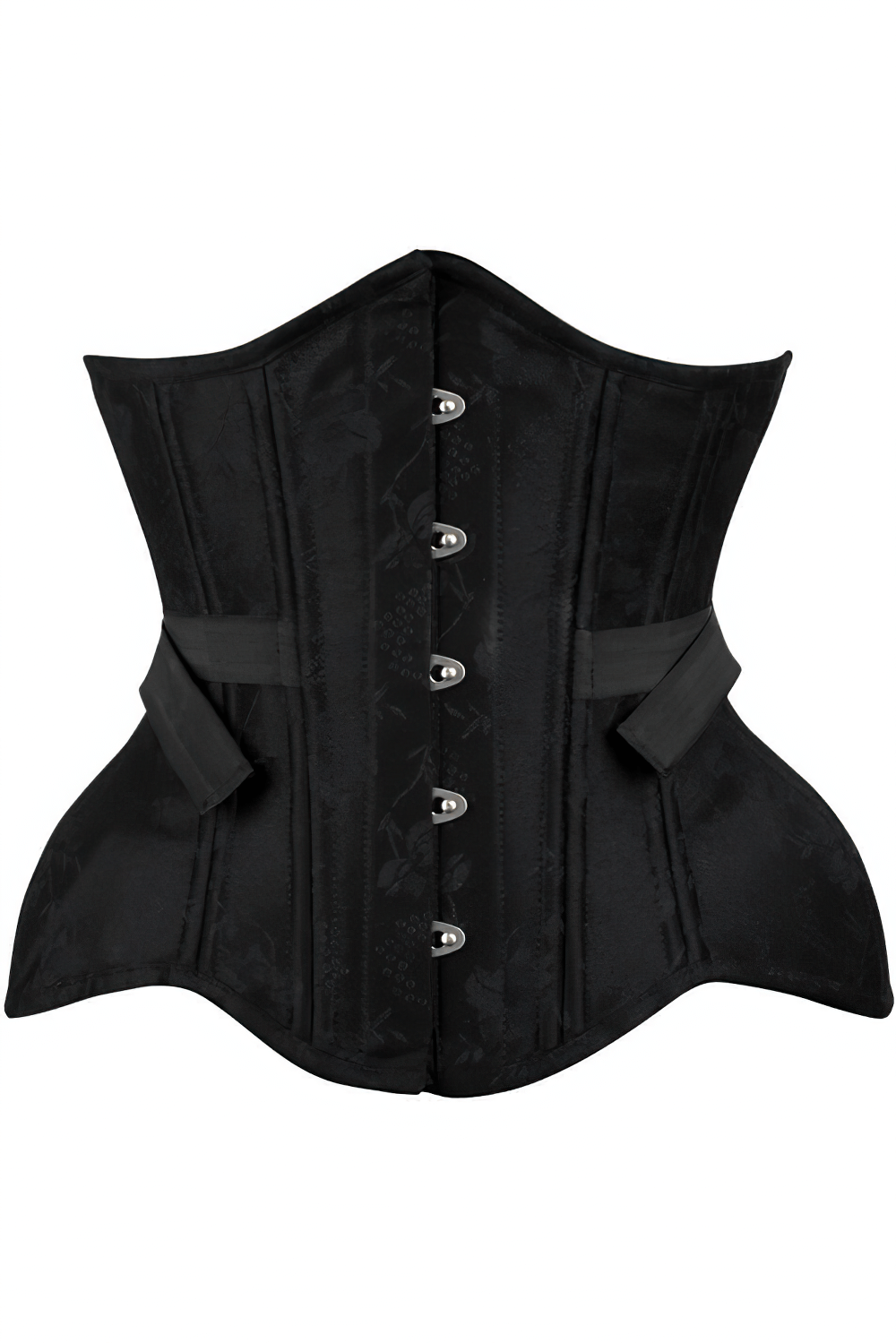 Black brocade corset with fan lacing, spiral steel boned waist trainer for a dramatic silhouette.