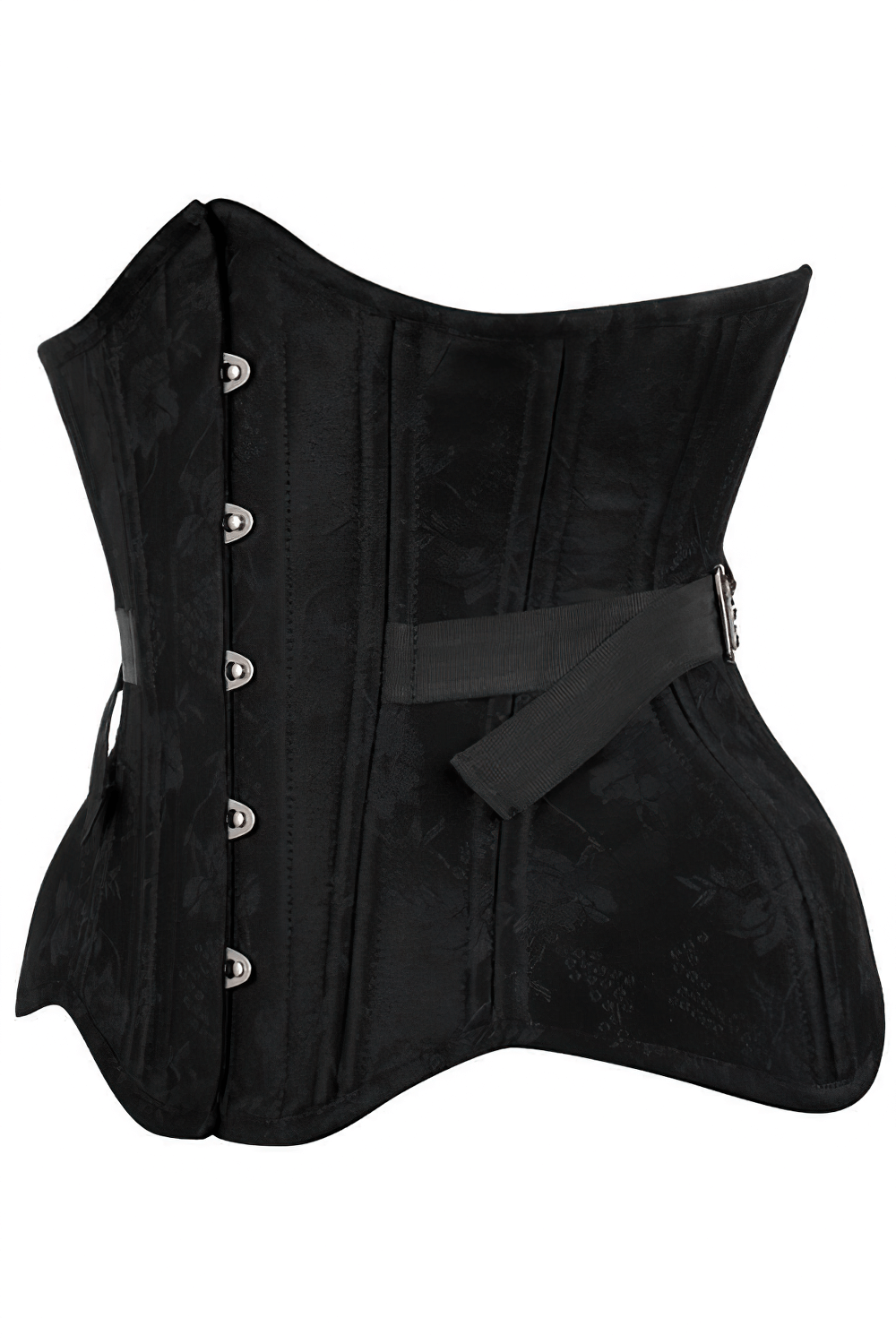 Black brocade corset with fan lacing and steel boning for dramatic waist training and elegant silhouette.