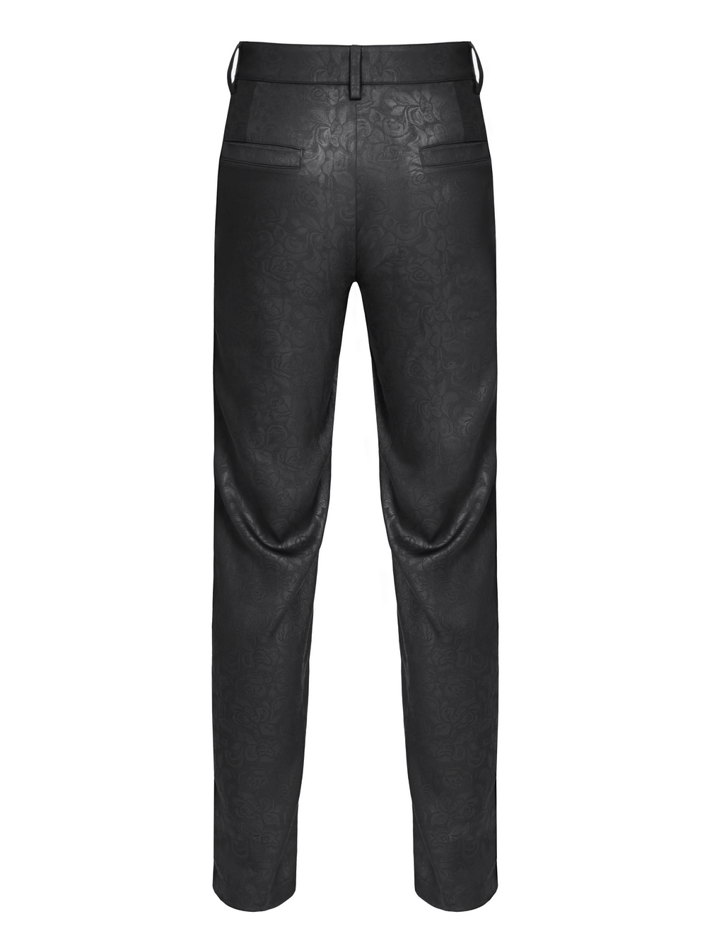 Back view of black brocade gothic pants featuring stylish embroidered details.