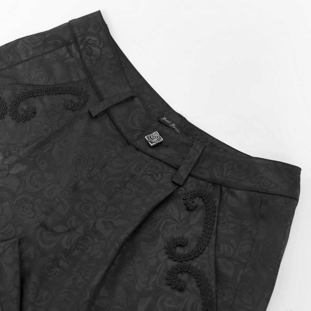 Elegant black brocade Gothic pants featuring exquisite embroidered details, perfect for a bold fashion statement.