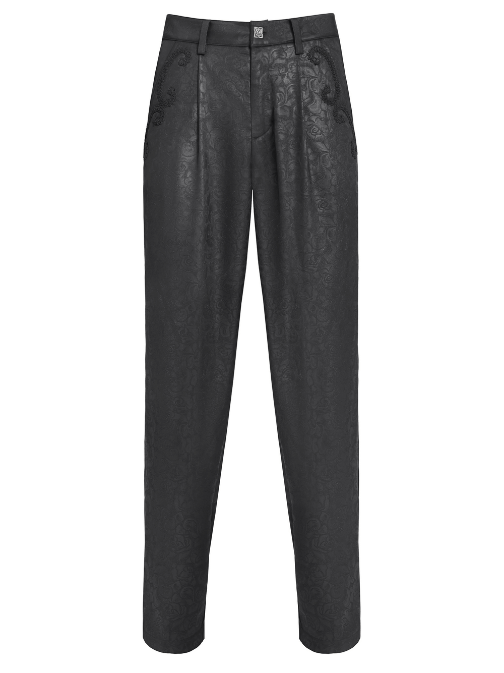Black brocade gothic pants with intricate embroidered details for a stylish and edgy look.