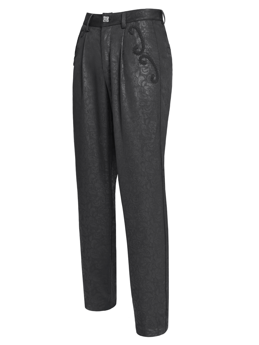 Black brocade gothic pants with embroidered details for a unique, stylish look.