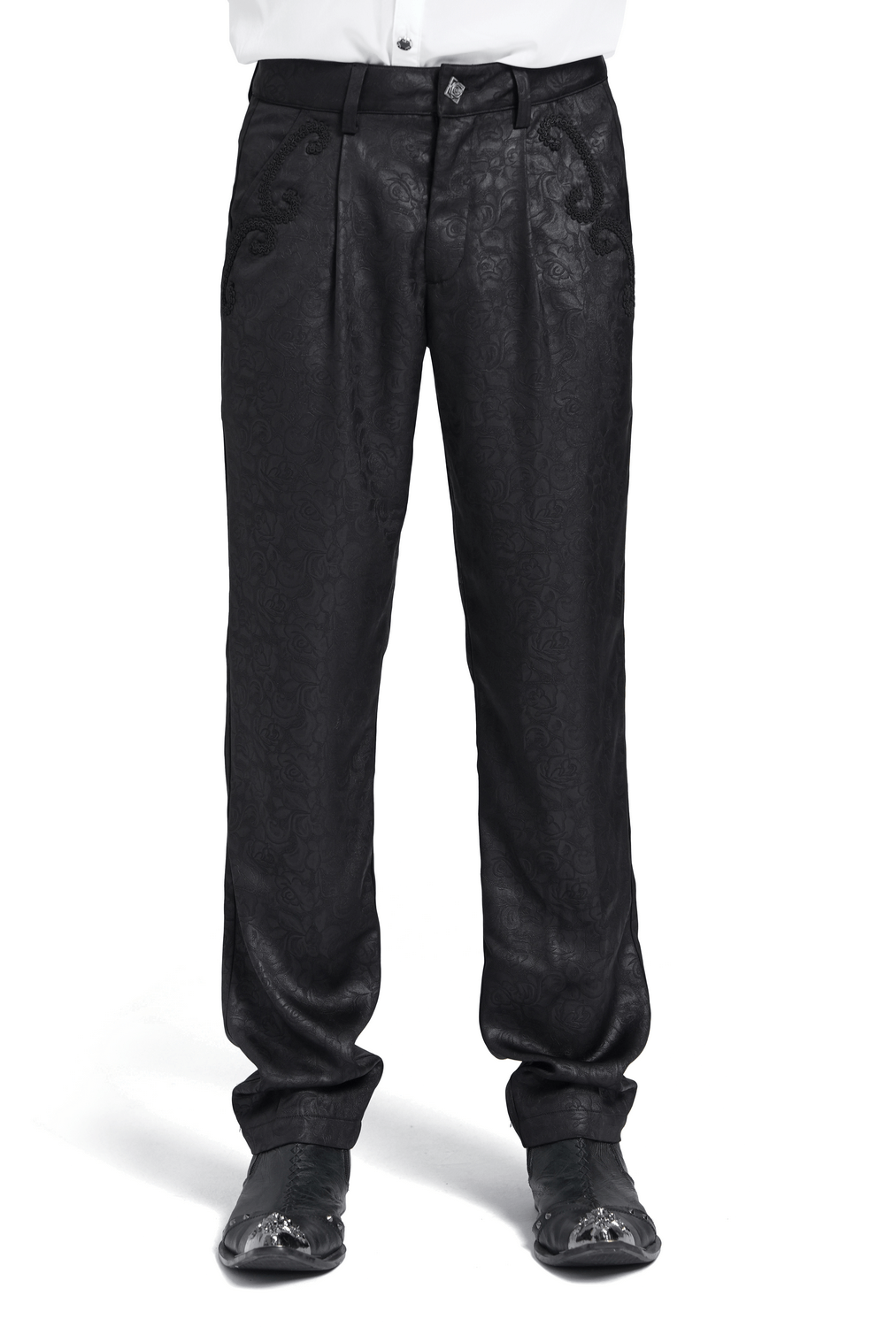 Black brocade gothic pants featuring intricate embroidered details for a stylish and unique look.