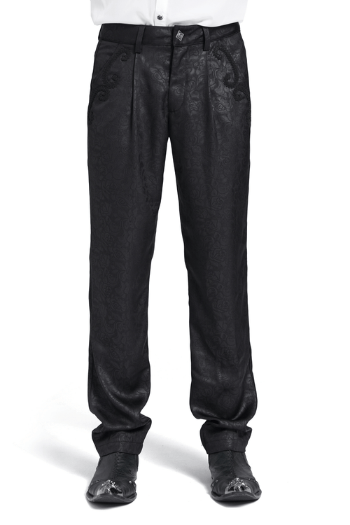 Black Brocade Gothic Pants with Embroidered Details