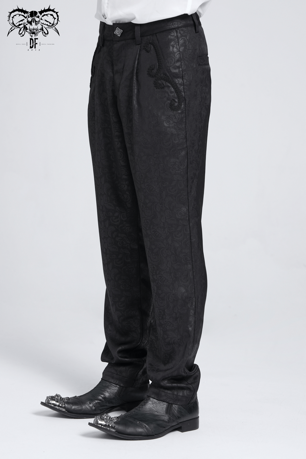 Stylish black brocade gothic pants featuring stunning embroidered details, perfect for edgy fashion lovers.