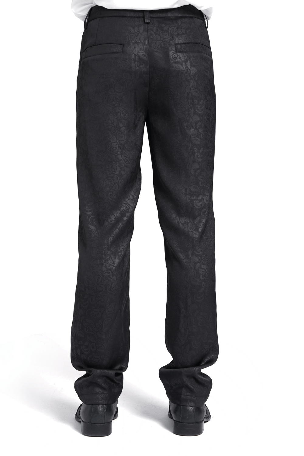 Back view of stylish black brocade gothic pants featuring intricate embroidered details, perfect for a fashionable gothic look.