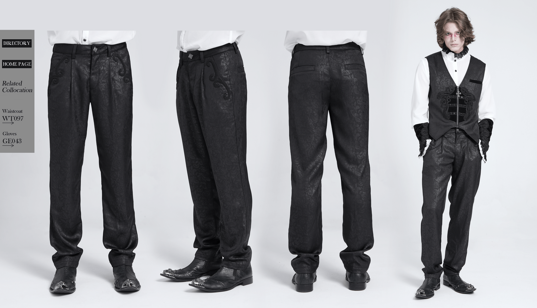 Stylish black brocade gothic pants with intricate embroidered details, showcasing a unique fashion statement.