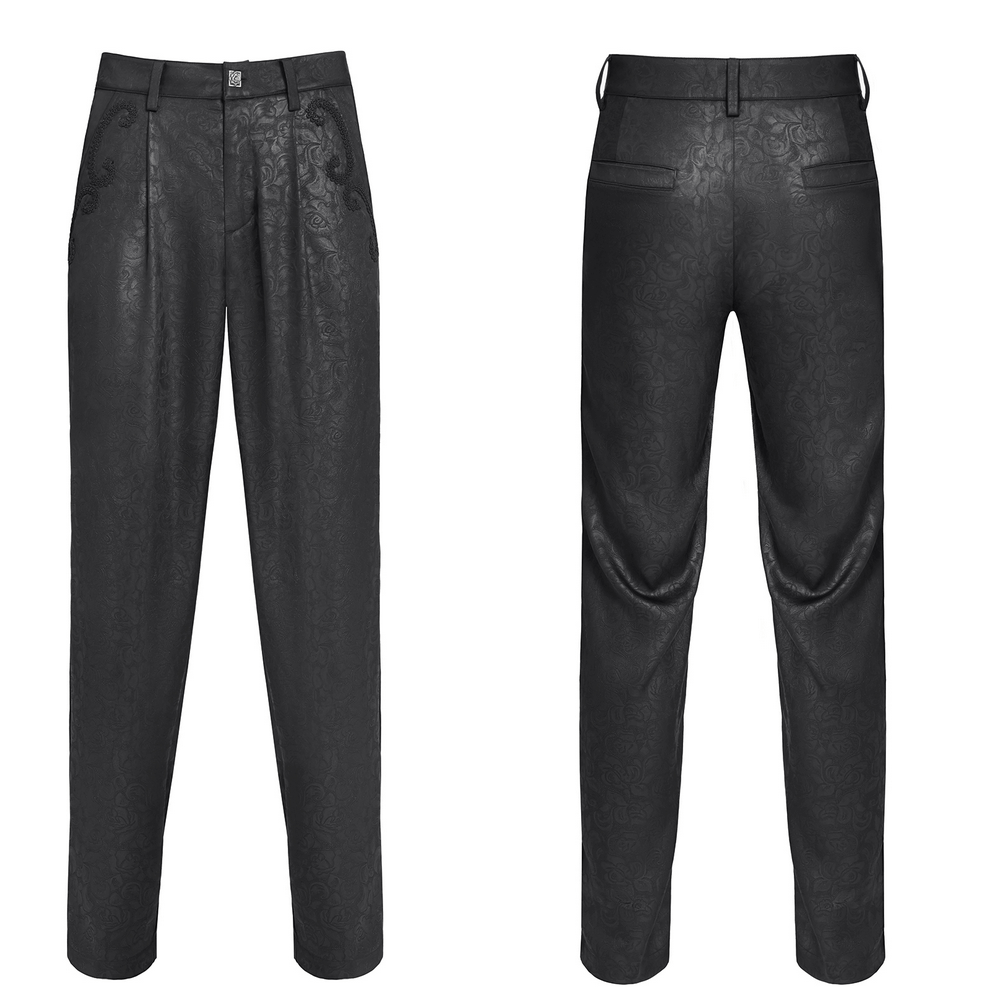 Black brocade gothic pants featuring intricate embroidered details, perfect for a stylish and edgy look.