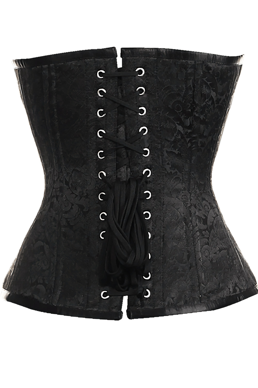 Alt Tag: Black Brocade Overbust Steel Boned Waist Trainer Corset with gothic jacquard brocade, lace-up back & dramatic waist shaping