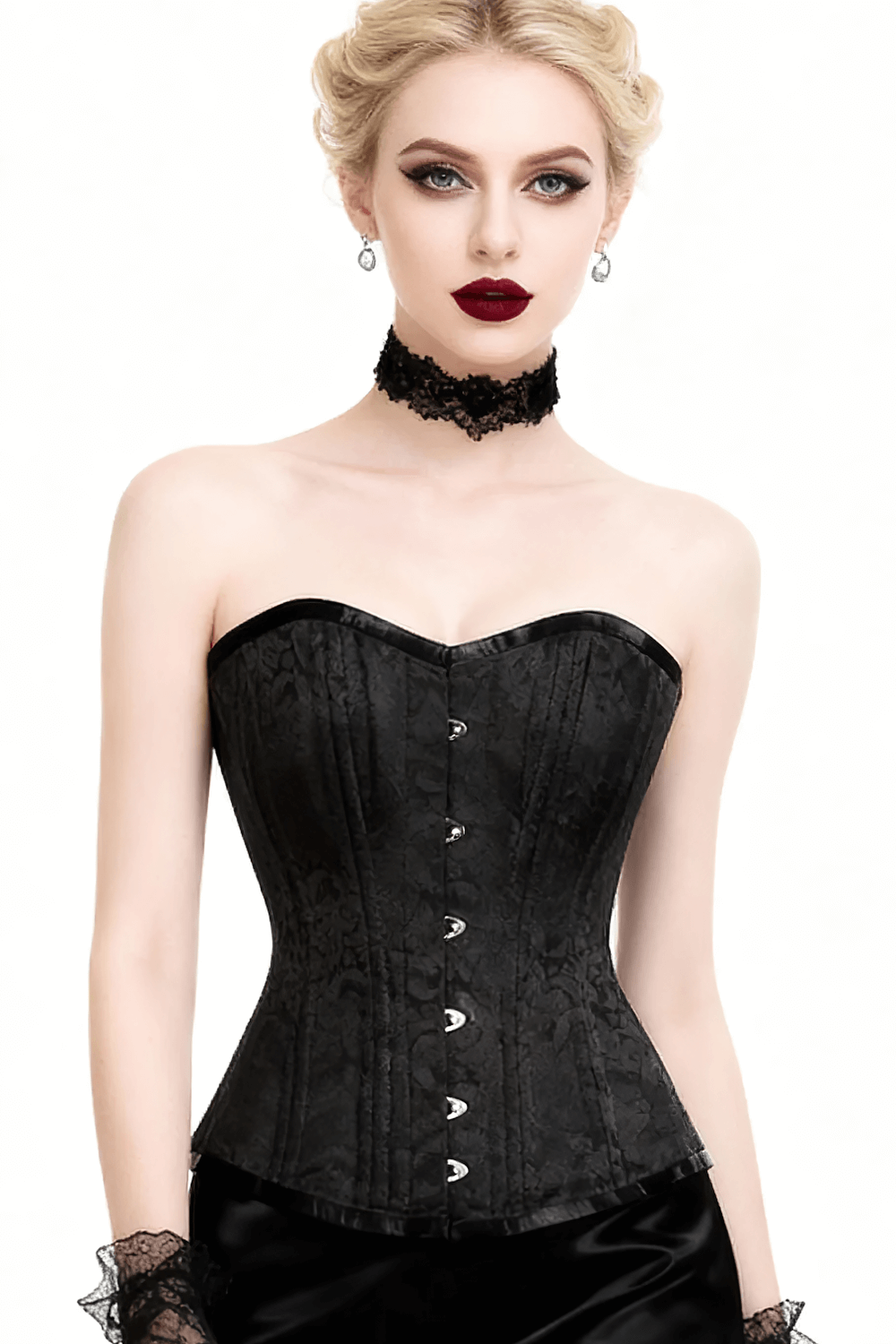 Alt Tag: Black Brocade Overbust Steel Boned Waist Trainer Corset on model, gothic jacquard floral overbust with steel boning & lace-up back