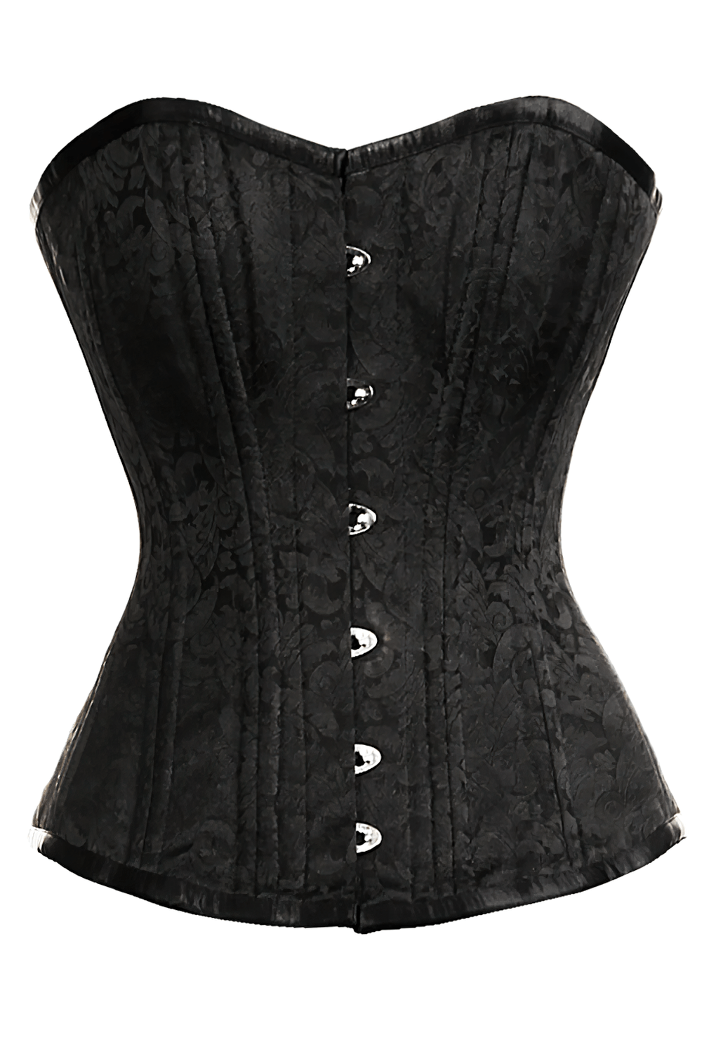 Alt Tag: Black Brocade Overbust Steel Boned Waist Trainer Corset with jacquard floral brocade, steel boning, and metal busk front