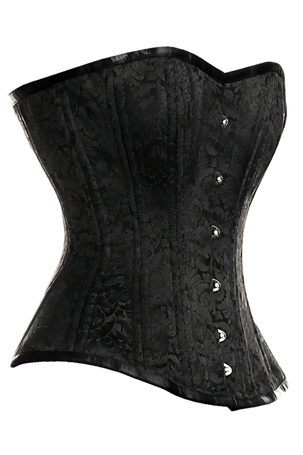 Alt Tag: Black Brocade Overbust Steel Boned Waist Trainer Corset with gothic jacquard floral brocade, steel boning and front busk