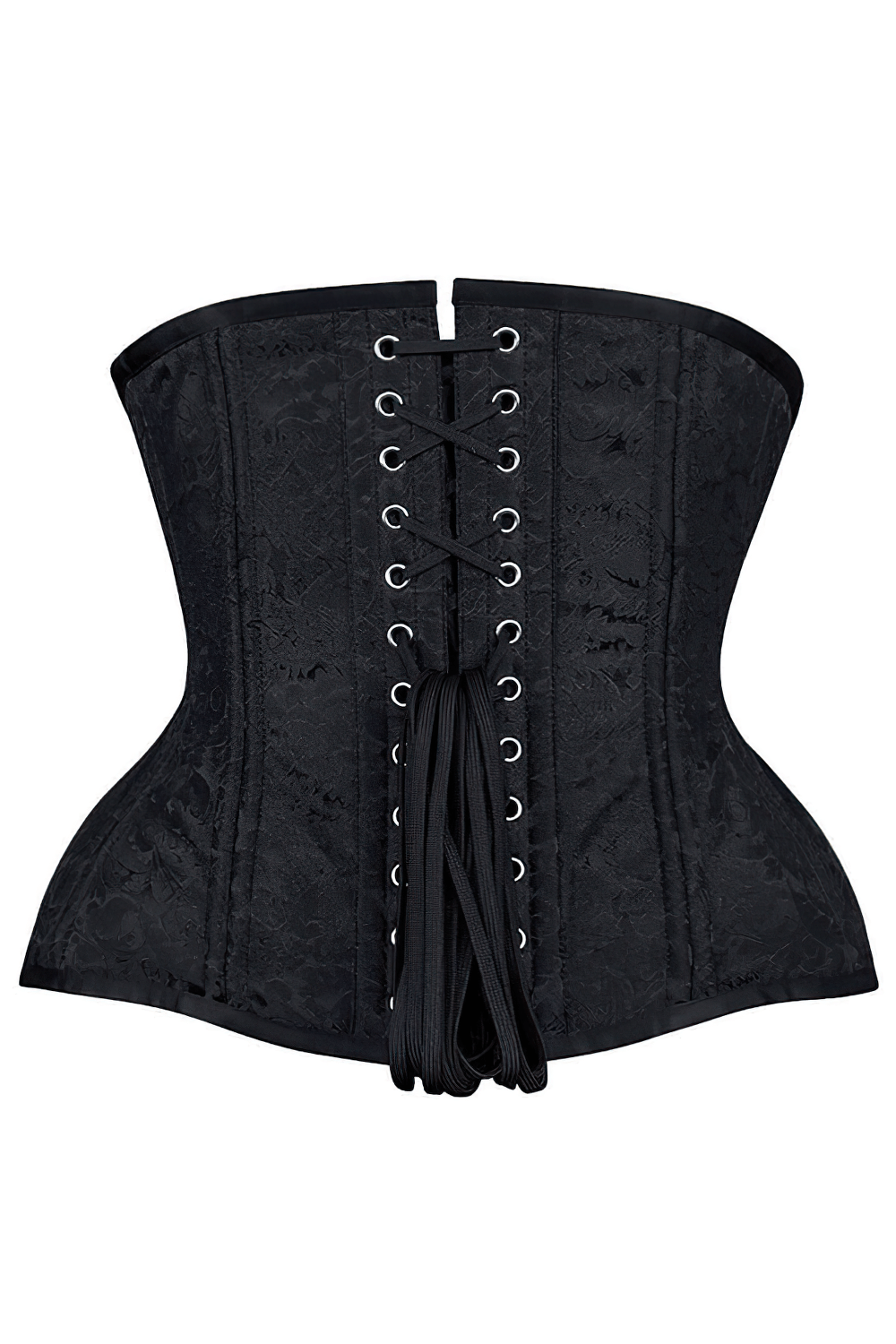 Elegant black brocade steel boned waist training corset with adjustable lacing and a sculpted silhouette.