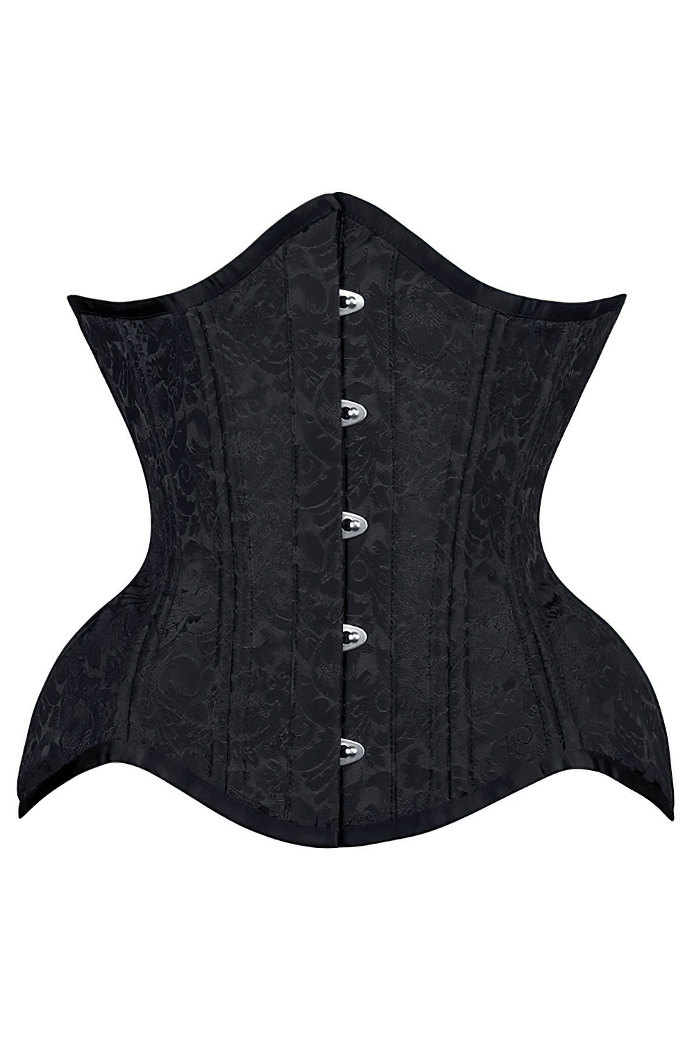 Elegant black brocade steel boned waist training corset with a front metal busk and intricate design.