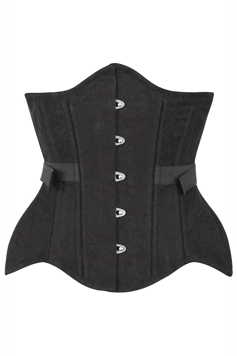 Elegant black brocade waist training corset featuring fan lacing and steel bones for a flattering fit.