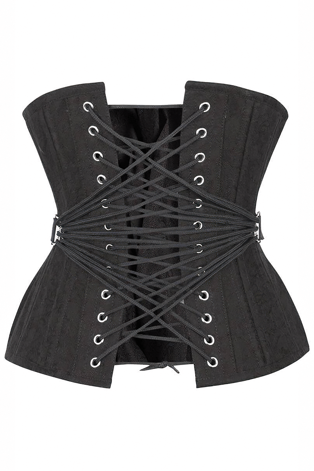 Elegant black brocade waist training corset featuring fan lacing for adjustable fit and dramatic waist reduction.