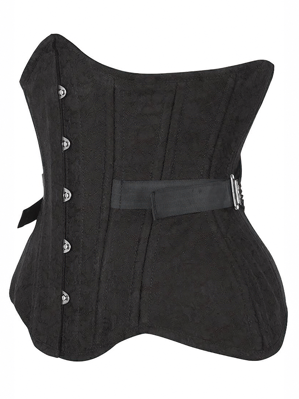 Curvy black brocade waist training corset with fan lacing and adjustable fit for dramatic waist reduction.