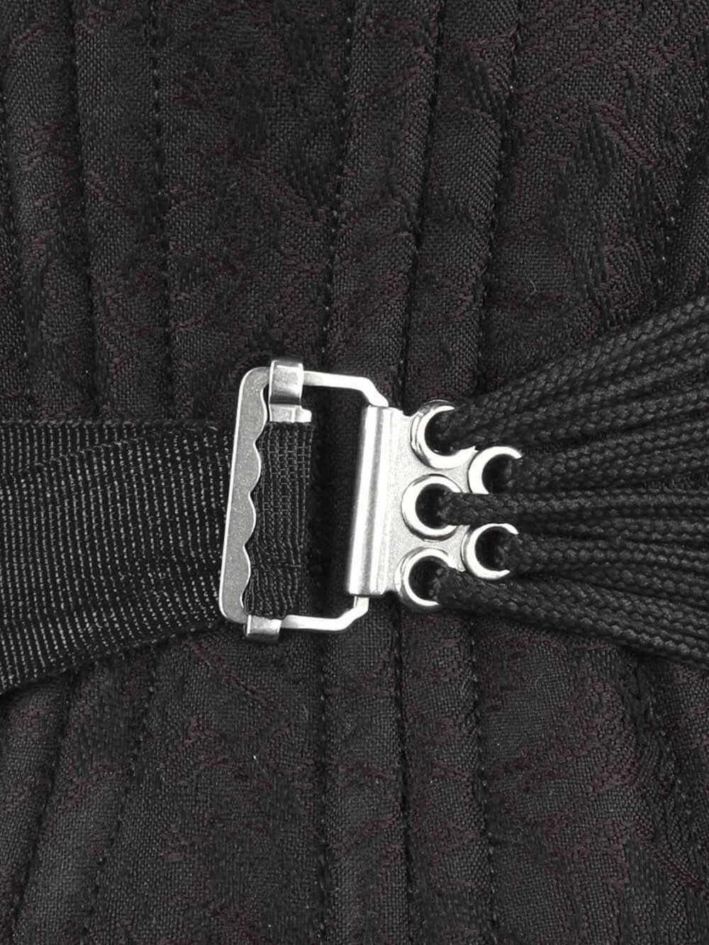 Close-up of the adjustable buckle and fan lacing on a Black Brocade Waist Training Corset, showcasing its design and functionality.