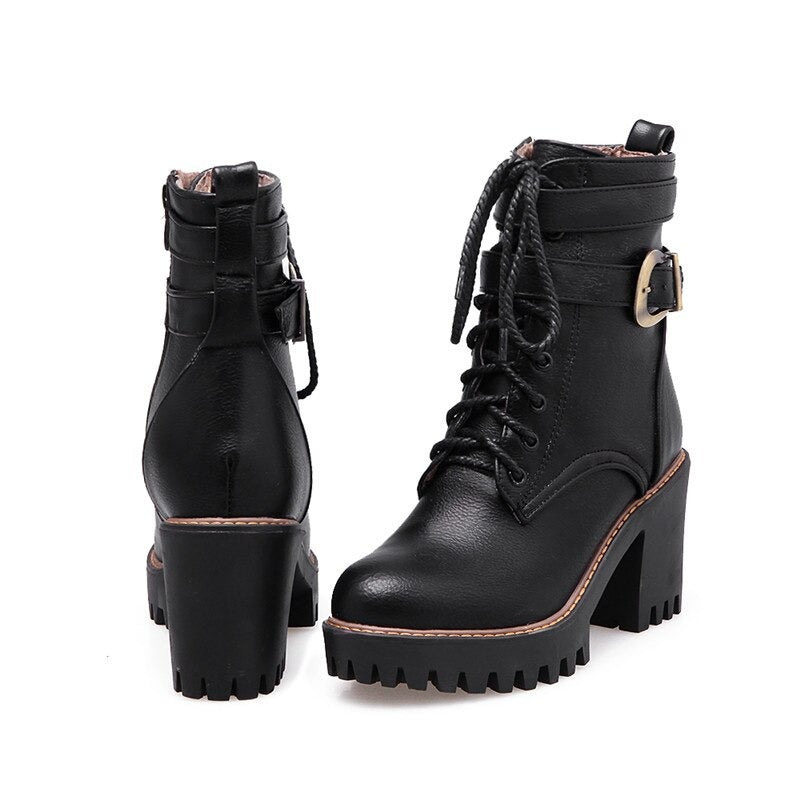 Black lace-up buckle ankle boots with a high heel, perfect for winter and autumn style, featuring comfortable round toe and zip closure.
