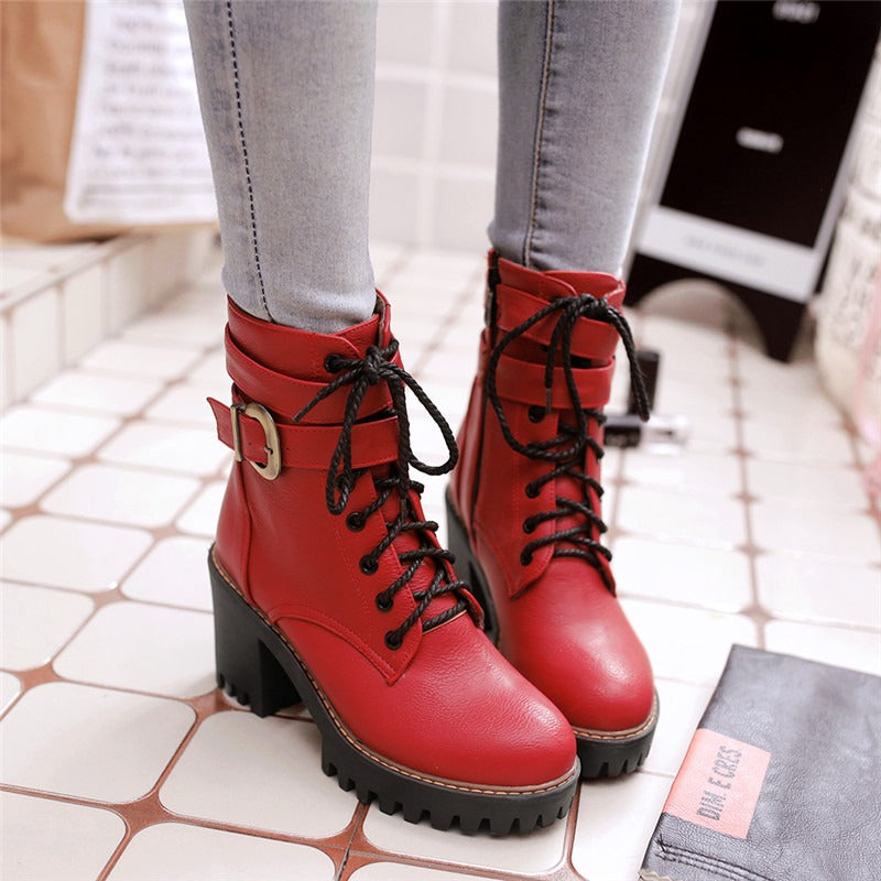 Stylish red lace-up buckle ankle boots with high heels, perfect for autumn and winter fashion.