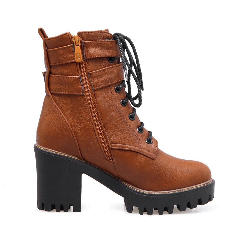 Brown zipper lace-up buckle ankle boots with high heel and round toe for women, perfect for autumn and winter.