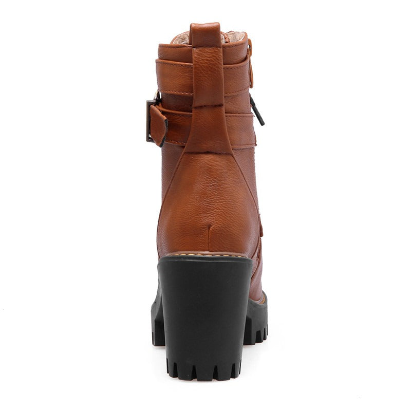 Back view of stylish brown lace-up buckle ankle boots with high heel and zipper closure.