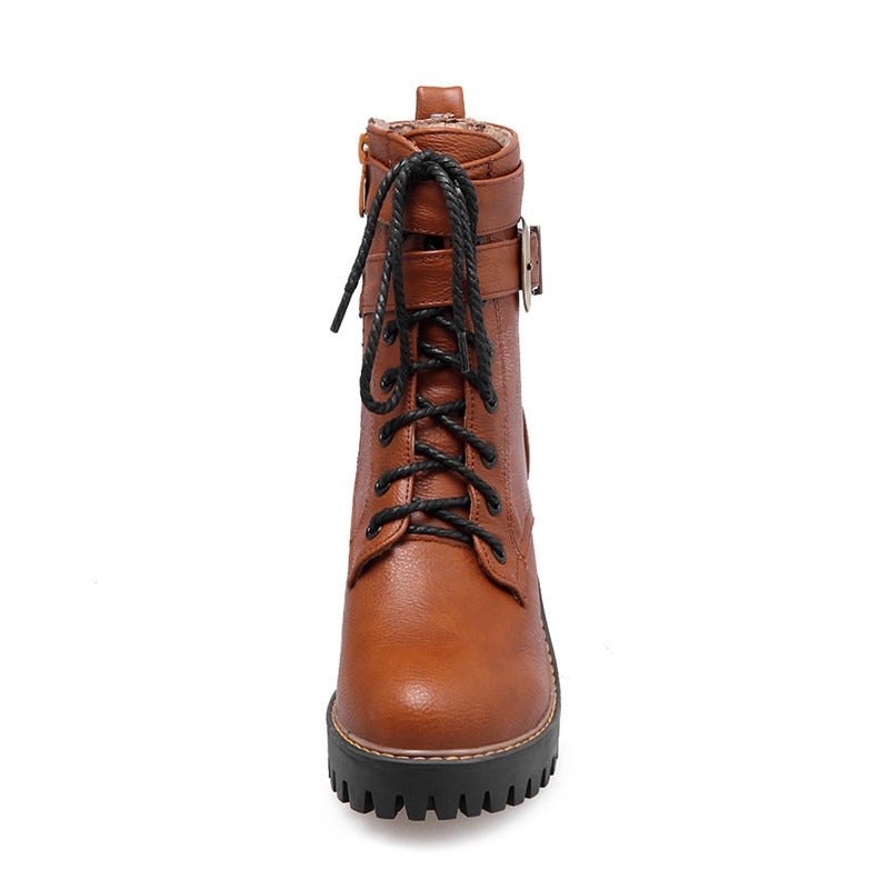 Brown lace-up buckle ankle boots with high heels, comfortable round toe design for winter and autumn style.