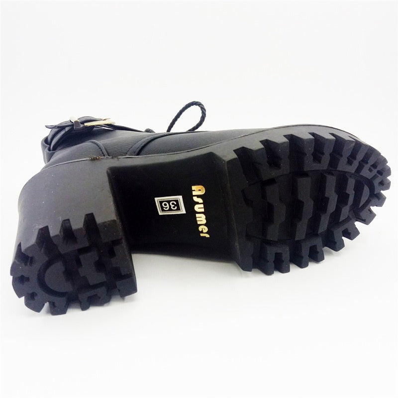 Black zipper lace-up ankle boots with a rugged sole, perfect for autumn and winter style.