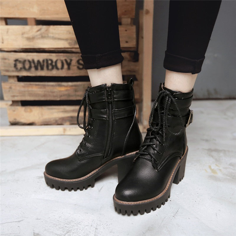 Stylish black zipper lace-up buckle ankle boots for women with high heels and round toes, perfect for autumn and winter.
