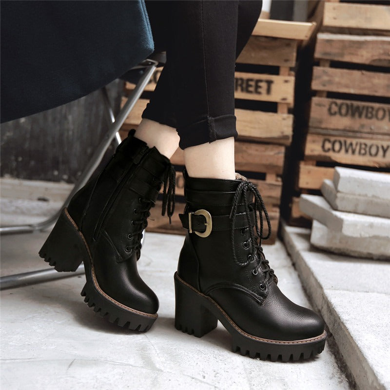 Black lace-up buckle ankle boots with high heels, perfect for winter and autumn fashion.
