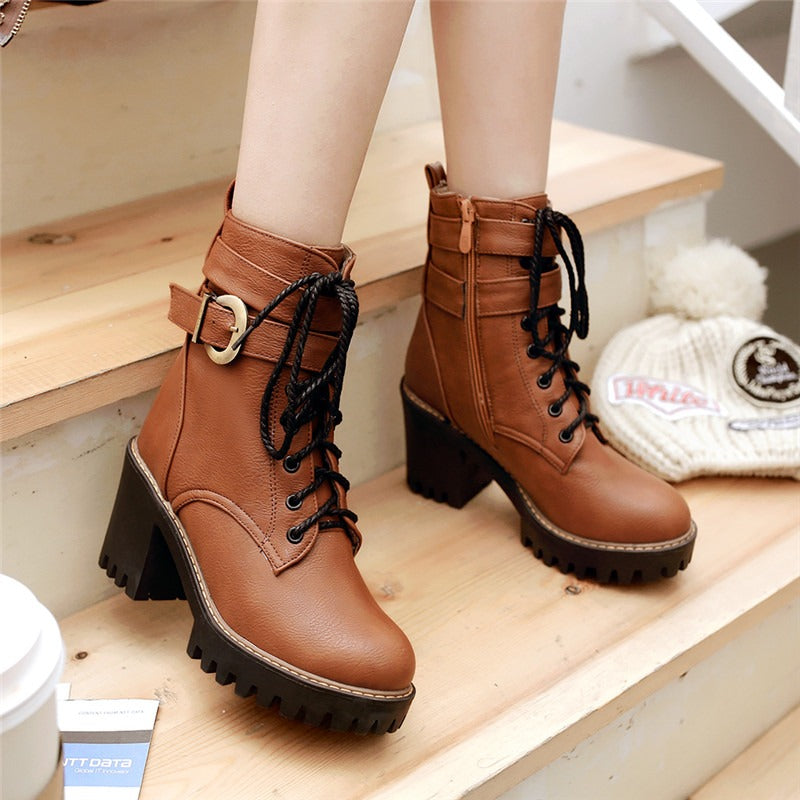 Brown lace-up buckle ankle boots with high heel and zipper, perfect for autumn and winter fashion.