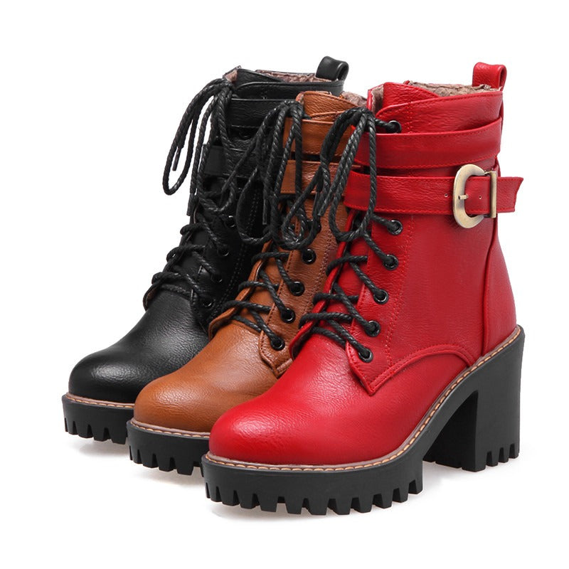 Stylish black, brown, and wine red lace-up buckle ankle boots with high heels, perfect for winter and autumn.