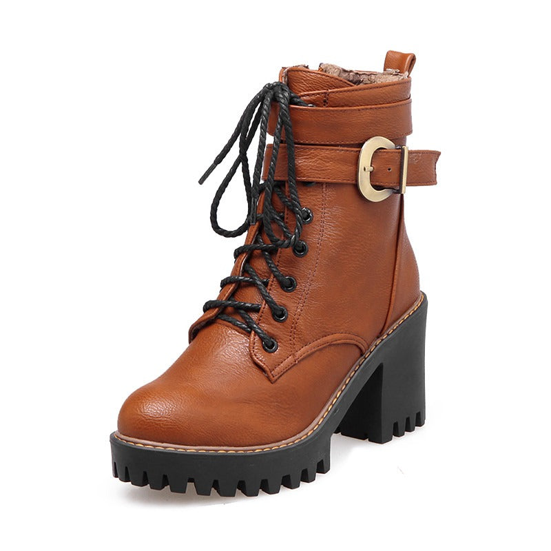 Stylish brown lace-up buckle ankle boots with high heel and round toe, perfect for winter and autumn wear.