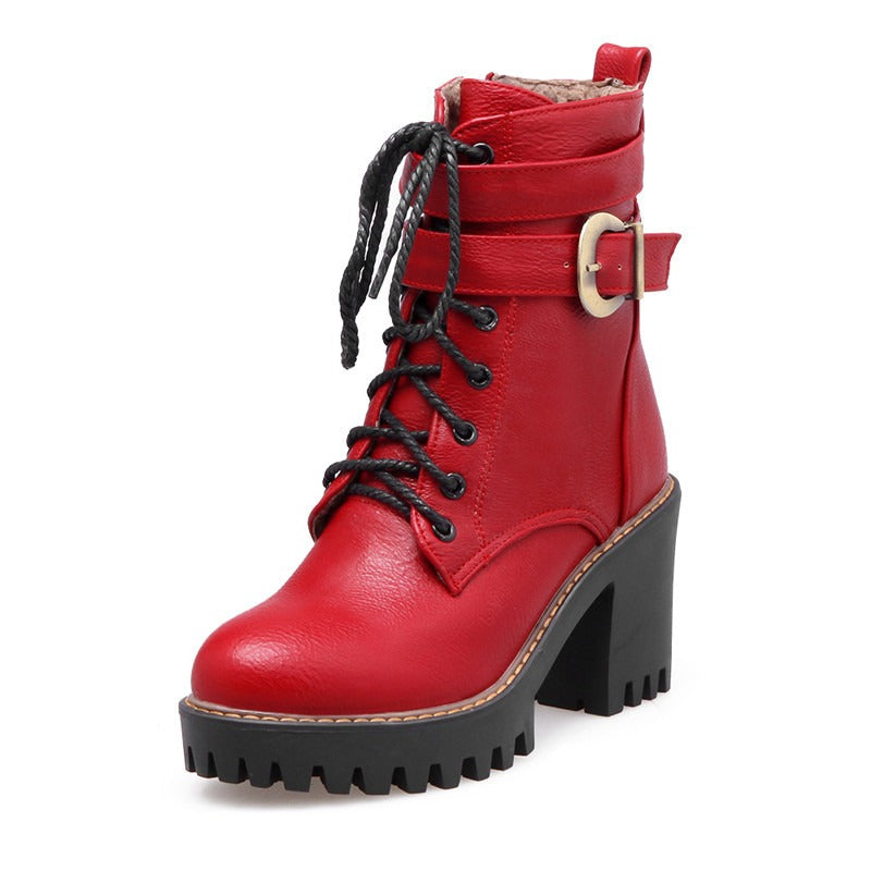 Stylish women’s wine red lace-up buckle ankle boots with high heels and zip closure for winter and autumn fashion.