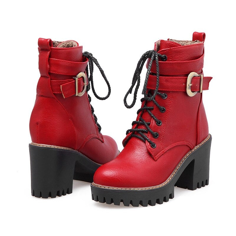 Stylish wine red lace-up buckle ankle boots with high heel, perfect for winter and autumn fashion.