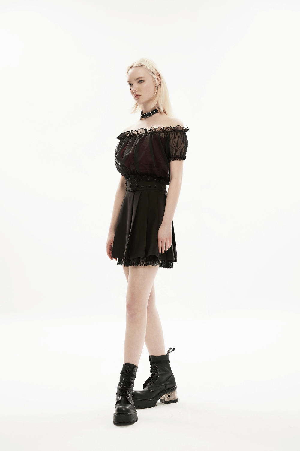 Black Buckle Belt Pleated Skirt with Mesh Detail