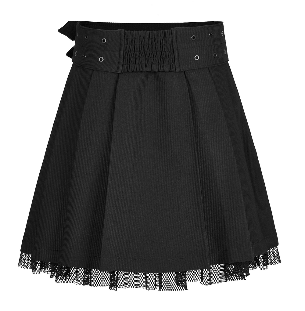 Black Buckle Belt Pleated Skirt with Mesh Detail