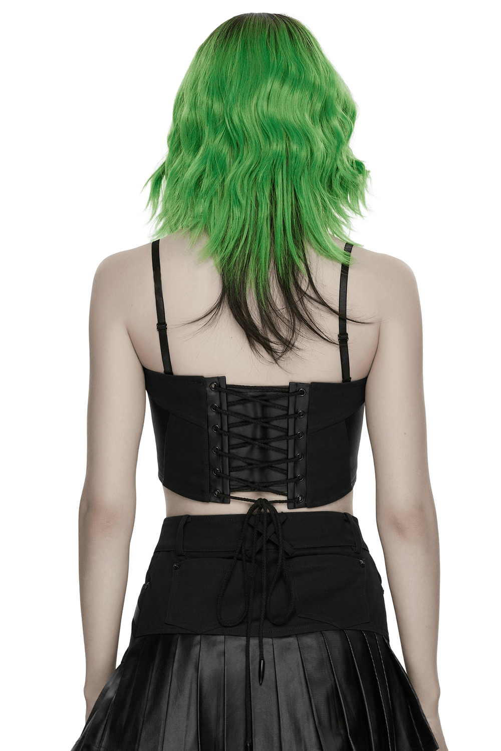 Alt Tag: Black Buckle Corset Top with Lace Up Back Detail back view, black zip-front cyberpunk corset with straps and lace-up detail