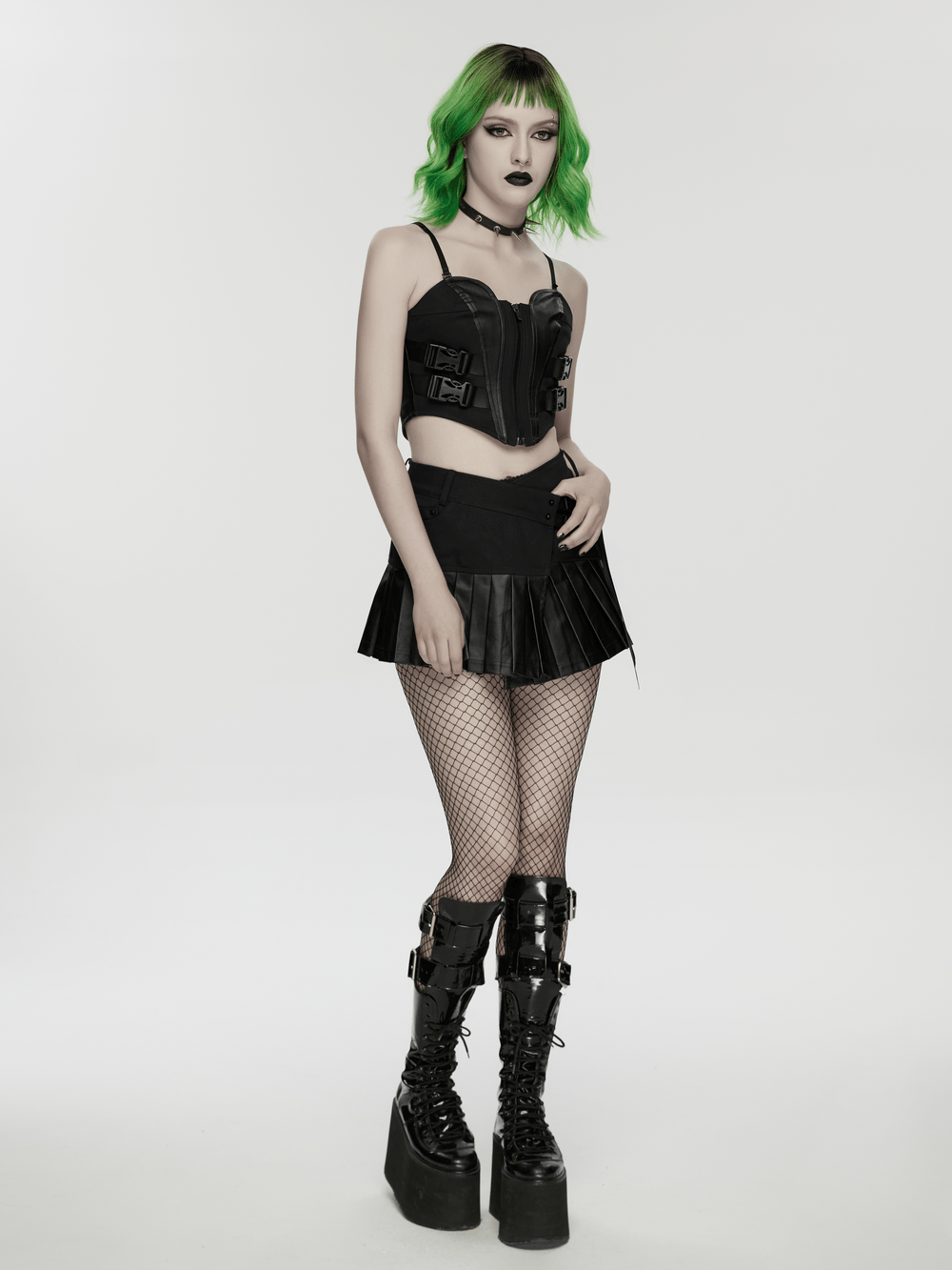 Alt Tag: Black Buckle Corset Top with Lace Up Back Detail on model, black zip-front corset with buckle straps, gothic clubwear look