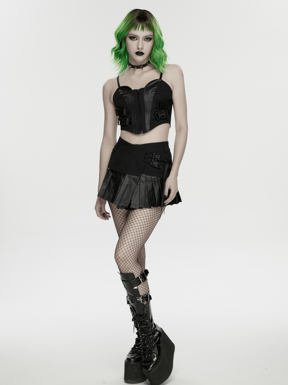 Black Buckle Corset Top with Lace Up Back Detail on model, zip-front cyberpunk bustier with buckle straps, goth clubwear look