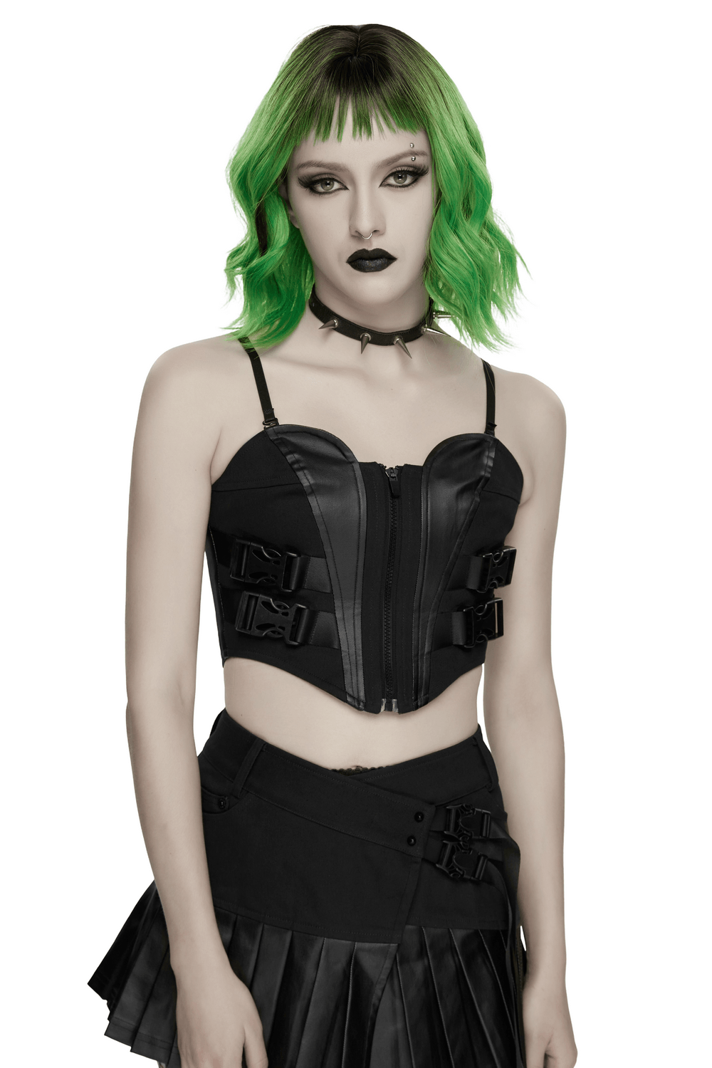 Alt Tag: Black Buckle Corset Top with Lace Up Back Detail on model with front zip, buckle straps and cyberpunk goth style